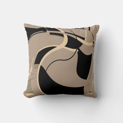 Black Beige Gray on Taupe Swirling Art Design Throw Pillow