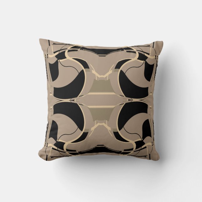 Black Beige Gray Taupe Mediterranean Scroll Mosaic Throw Pillow (Front)