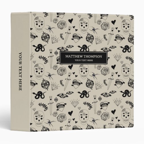 Black  Beige Hand Drawn Tattoo Pattern 3 Ring Binder