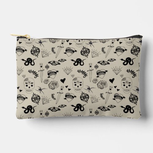 Black  Beige Hand Drawn Tattoo Pattern Accessory Pouch