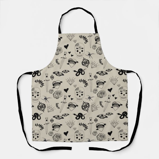 Black & Beige Hand Drawn Tattoo Pattern Apron (Front)