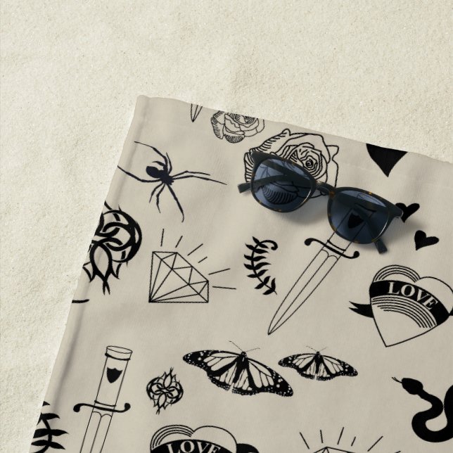 Black & Beige Hand Drawn Tattoo Pattern Beach Towel (In Situ)