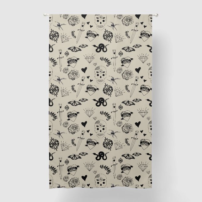 Black & Beige Hand Drawn Tattoo Pattern Blackout Curtains (Front)