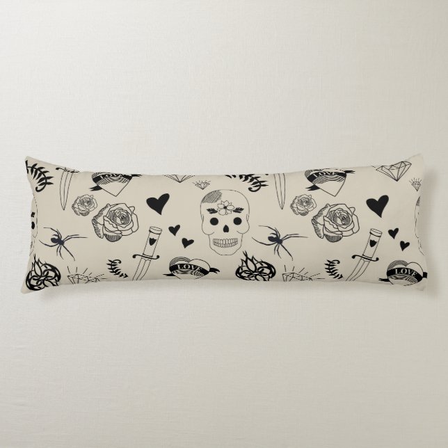 Black & Beige Hand Drawn Tattoo Pattern Body Pillow (Front)