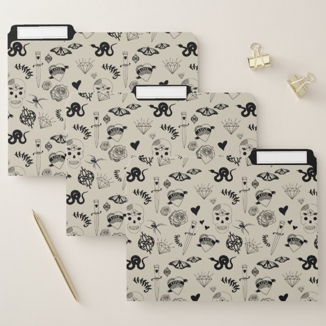 Black & Beige Hand Drawn Tattoo Pattern File Folder (Set)