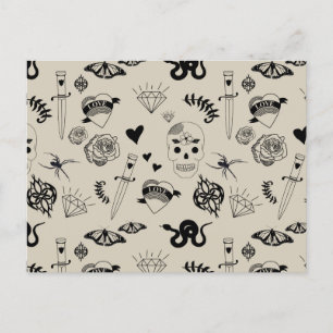 Black & Beige Hand Drawn Tattoo Pattern Holiday Postcard