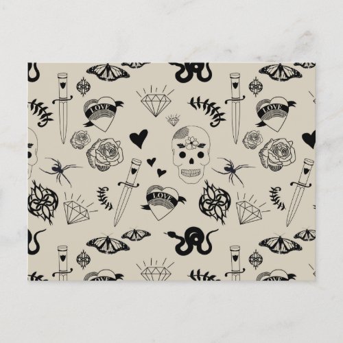 Black  Beige Hand Drawn Tattoo Pattern Holiday Postcard