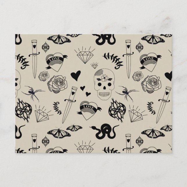 Black & Beige Hand Drawn Tattoo Pattern Holiday Postcard (Front)