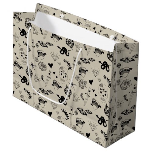 Black  Beige Hand Drawn Tattoo Pattern Large Gift Bag