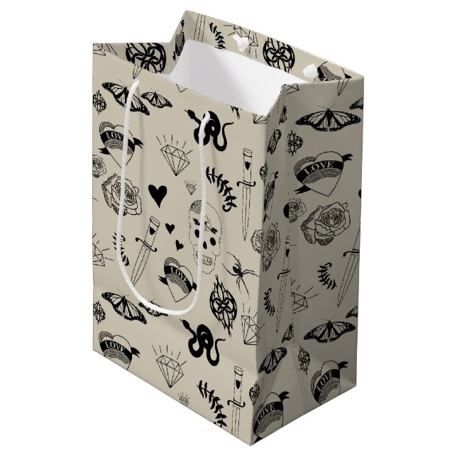Black & Beige Hand Drawn Tattoo Pattern Medium Gift Bag (Front Angled)