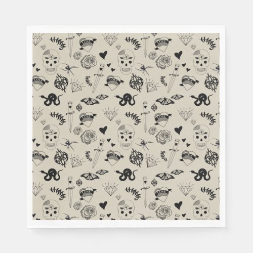 Black  Beige Hand Drawn Tattoo Pattern Napkins