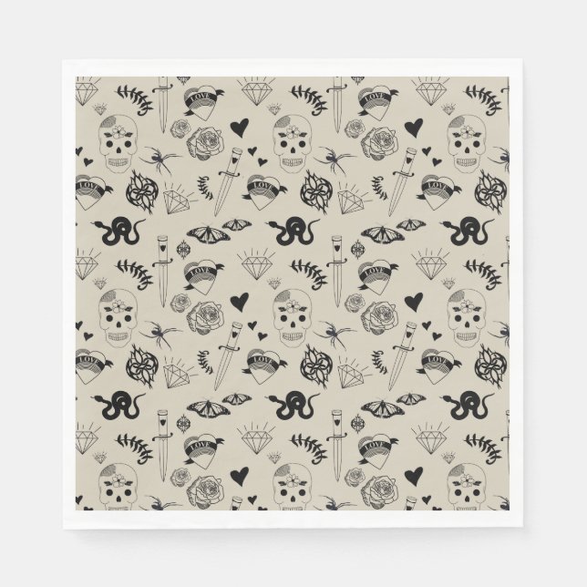 Black & Beige Hand Drawn Tattoo Pattern Napkins (Front)
