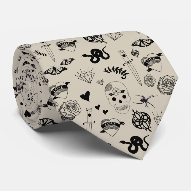 Black & Beige Hand Drawn Tattoo Pattern Neck Tie (Rolled)