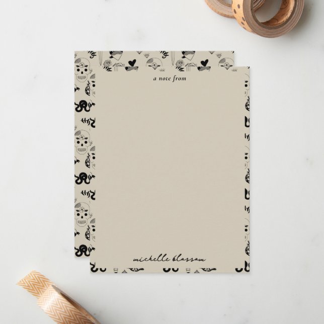 Black & Beige Hand Drawn Tattoo Pattern Note Card (Front/Back In Situ)