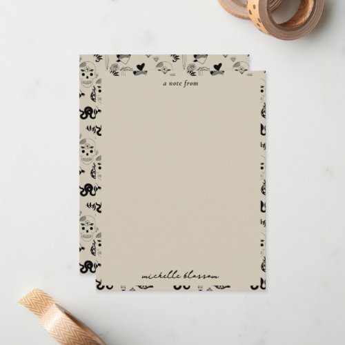 Black  Beige Hand Drawn Tattoo Pattern Note Card