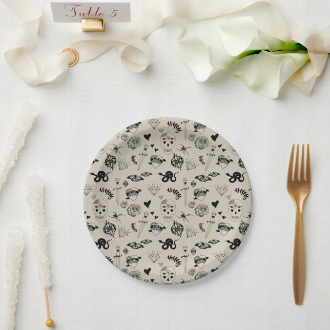 Black & Beige Hand Drawn Tattoo Pattern Paper Plates (Wedding)