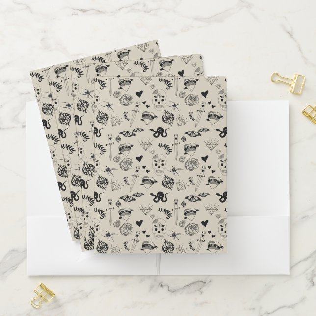 Black & Beige Hand Drawn Tattoo Pattern Pocket Folder (In Situ)