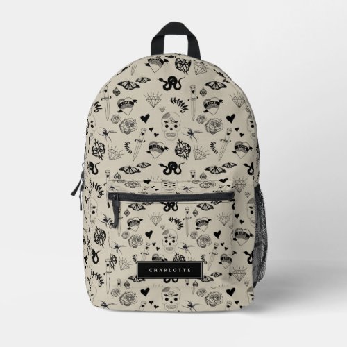 Black  Beige Hand Drawn Tattoo Pattern Printed Backpack