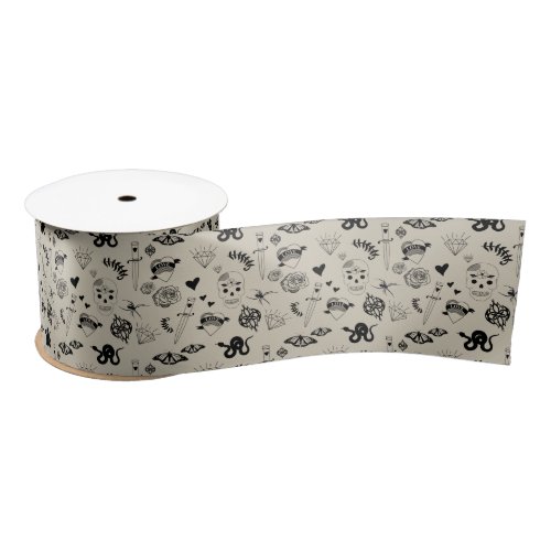 Black  Beige Hand Drawn Tattoo Pattern Satin Ribbon