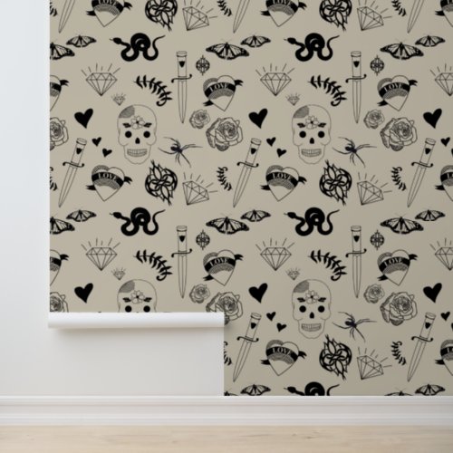 Black  Beige Hand Drawn Tattoo Pattern Wallpaper