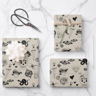 Black & Beige Hand Drawn Tattoo Pattern Wrapping Paper Sheets