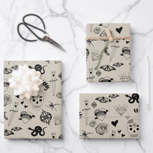 Black  Beige Hand Drawn Tattoo Pattern Wrapping Paper Sheets