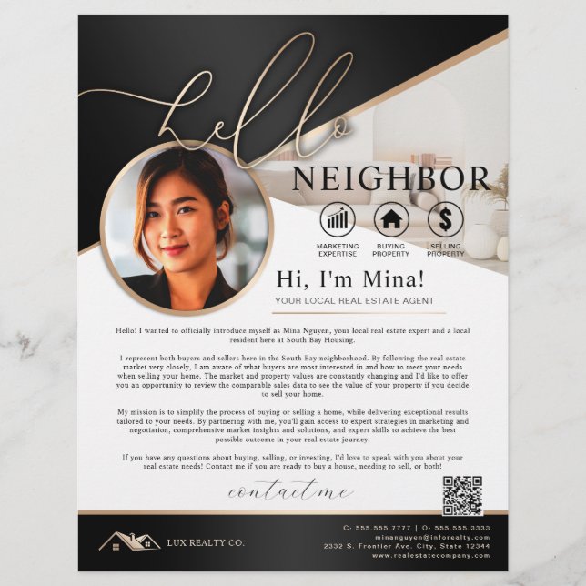 Black & Beige Hello Neighbor Realtor Introduction  Flyer (Front)