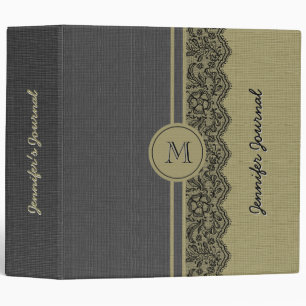 Black & Beige Linen Burlap Texture & Black Lace 3 Ring Binder