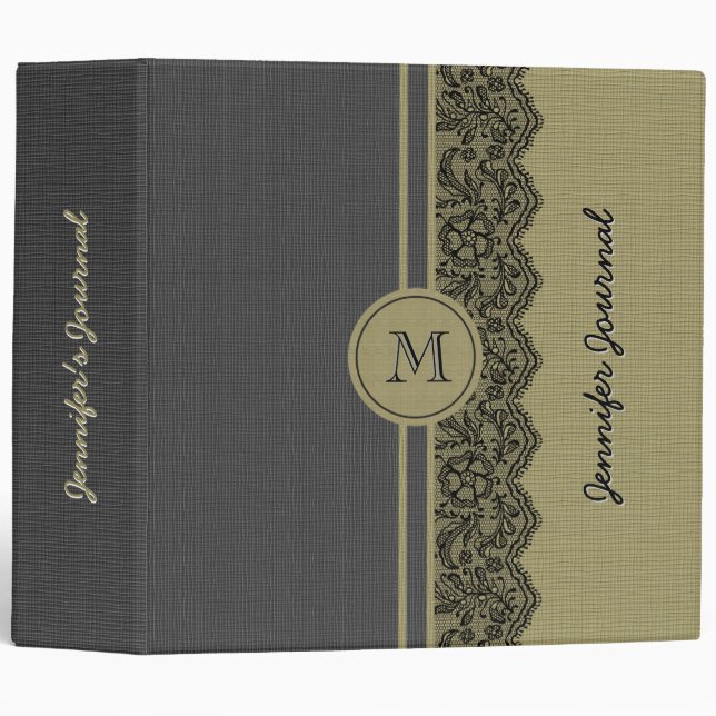 Black & Beige Linen Burlap Texture & Black Lace 3 Ring Binder (Front/Spine)