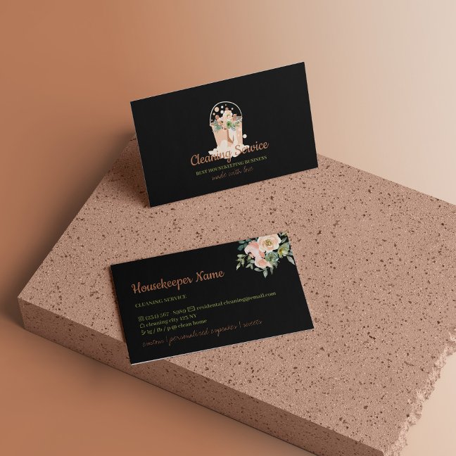 Black Beige Maid Cleaning Service Housekeeping Business Card