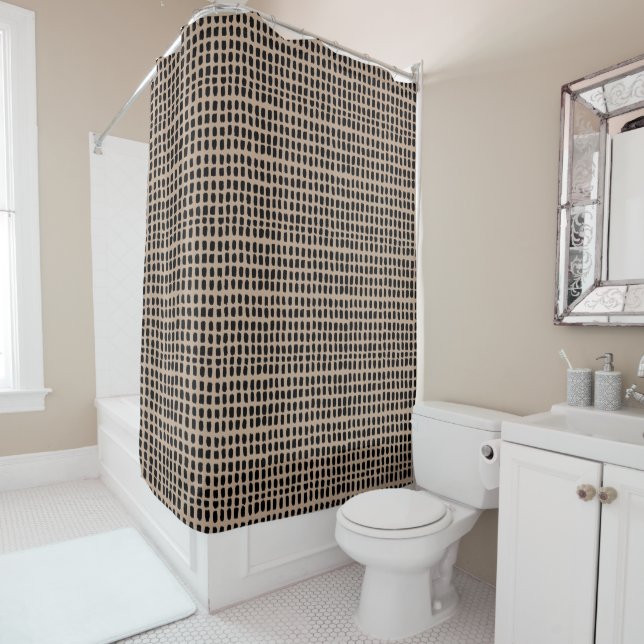 Black Beige Minimalist Abstract Line Art Pattern Shower Curtain (In Situ)