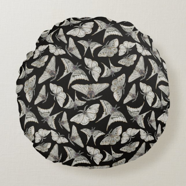 Black Beige Moth Butterfly Bugs Pattern  Round Pillow (Front)
