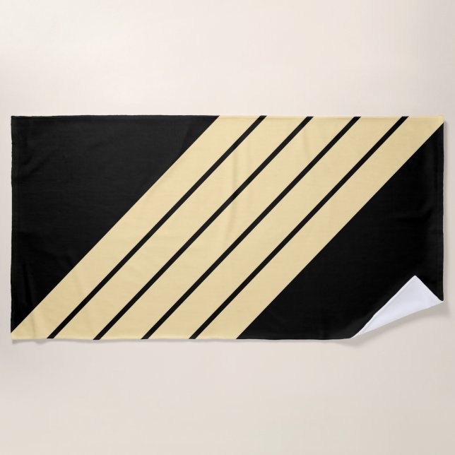 Black Beige Striped 70s 80s Retro Racing Stripes Beach Towel (Front)