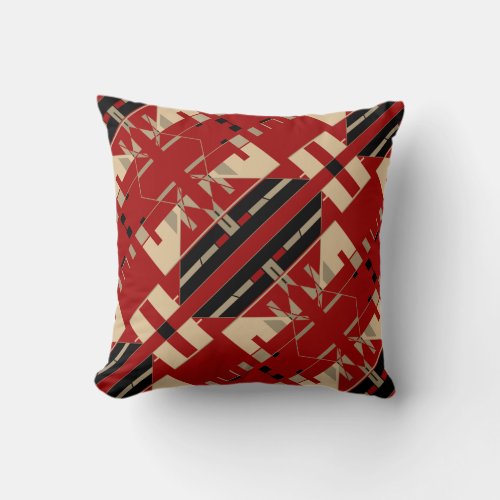 Black Beige Taupe Deep Red Symmetrical Art Motif Throw Pillow