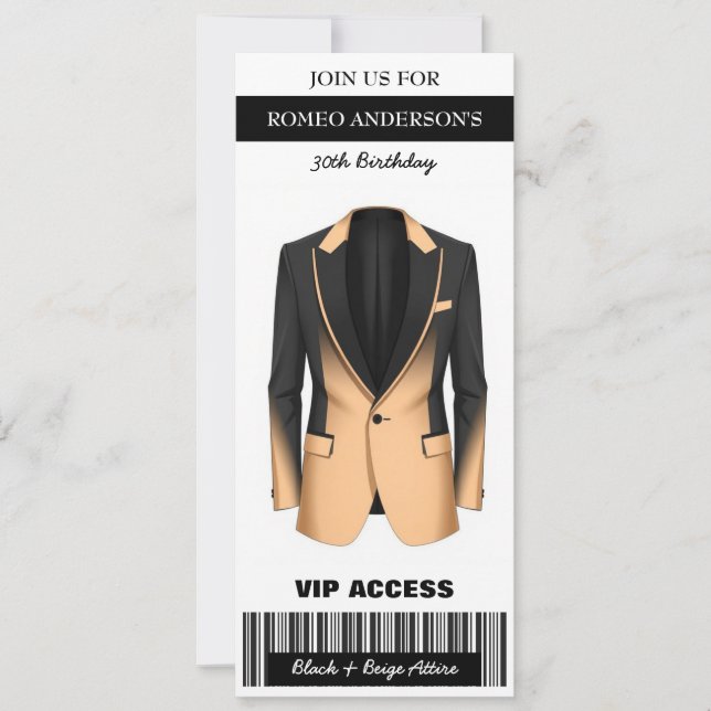 Black Beige Tuxedo Birthday Ticket Invitation (Front)