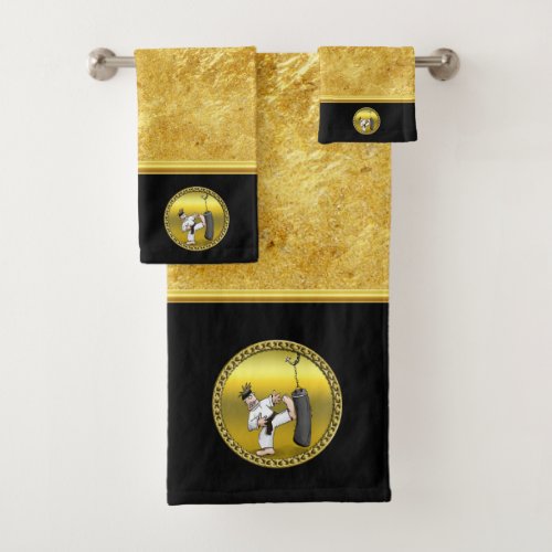 Black belt karate man kicking a black training bag bath towel set