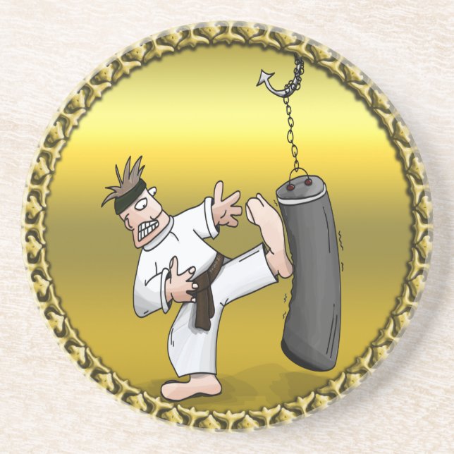 Black belt karate man kicking a black training bag drink coaster (Front)