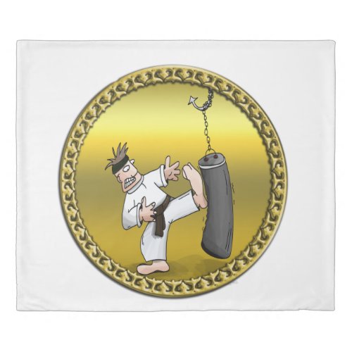 Black belt karate man kicking a black training bag duvet cover