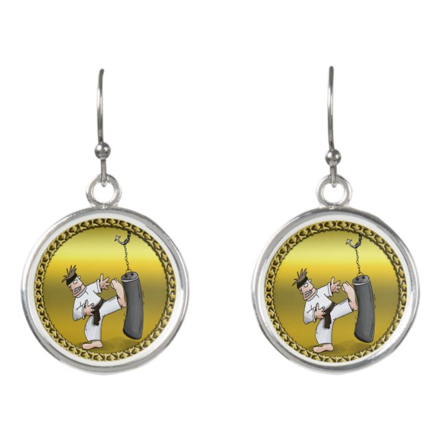 Black belt karate man kicking a black training bag earrings (Front)