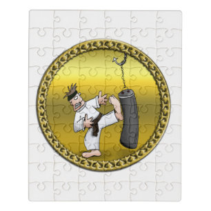 Black belt karate man kicking a black training bag jigsaw puzzle