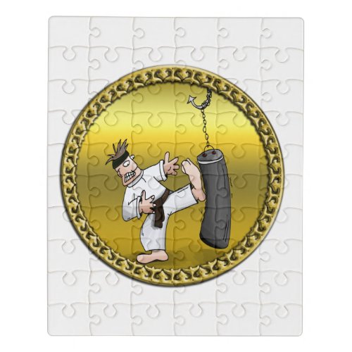 Black belt karate man kicking a black training bag jigsaw puzzle