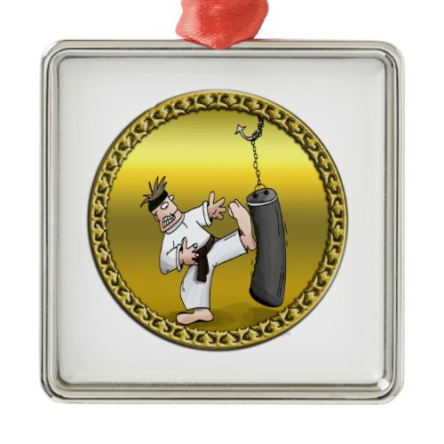 Black belt karate man kicking a black training bag metal ornament