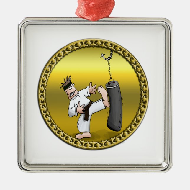 Black belt karate man kicking a black training bag metal ornament (Front)