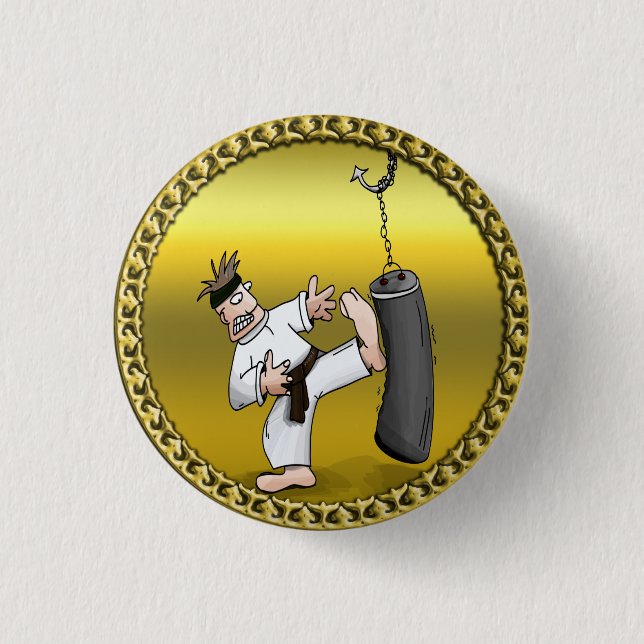 Black belt karate man kicking a black training bag pinback button (Front)