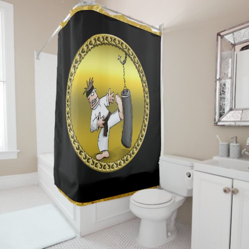 Black belt karate man kicking a black training bag shower curtain