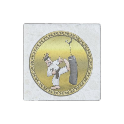 Black belt karate man kicking a black training bag stone magnet