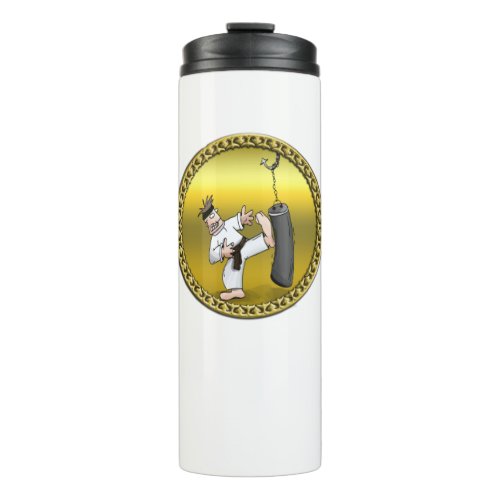 Black belt karate man kicking a black training bag thermal tumbler