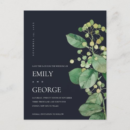 BLACK BERRY LEAFY FOLIAGE GREENERY SAVE THE DATE ANNOUNCEMENT POSTCARD