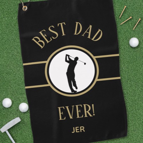 Black Best Dad Ever Golfer Sports Monogram Gold Golf Towel