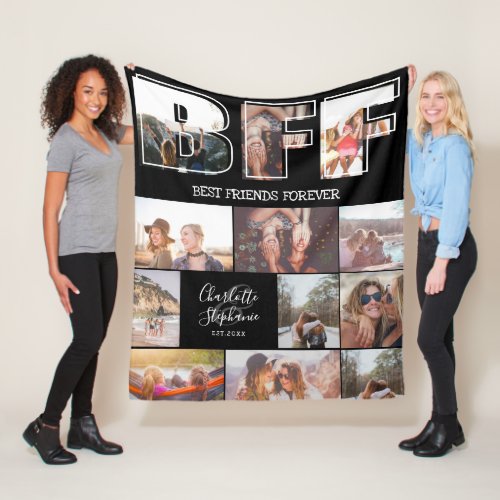 Black best friends script 12 photos collage grid fleece blanket